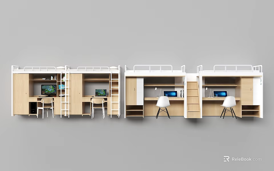 Modern Minimalist Bunk Bed Design With Study Desk And Storage Cabinets For Small Rooms 3d model 