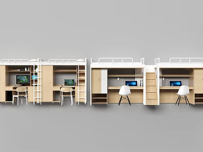 Modern Minimalist Bunk Bed Design With Study Desk And Storage Cabinets For Small Rooms 3d model