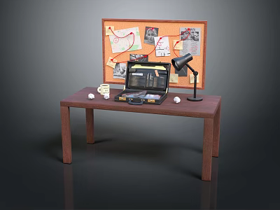 Organized Hardware Tools Setup On Wooden Desk With Laptop Lamp And Corkboard 3d model