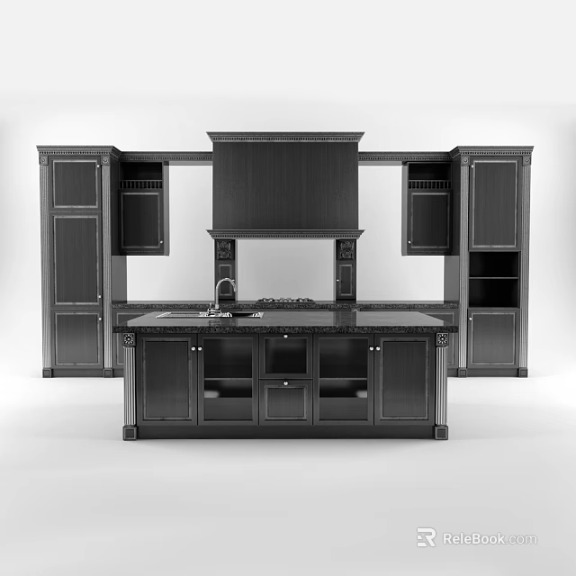 Modern Kitchen Interior With Dark Wood Cabinets And Central Island 3d model 
