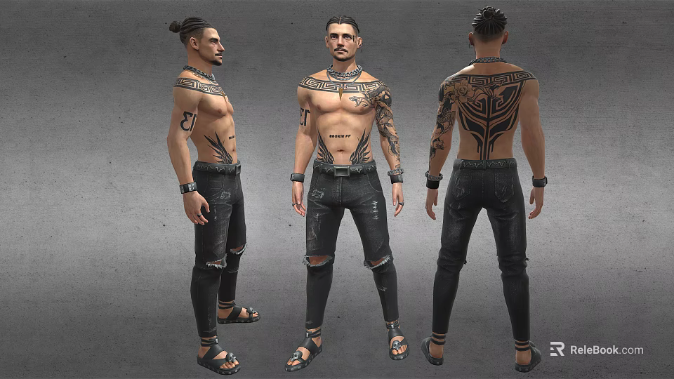 Tattooed Man With Intricate Body Art On Chest And Arms Wearing Ripped Jeans And Sandals 3d model 