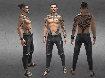 Tattooed Man With Intricate Body Art On Chest And Arms Wearing Ripped Jeans And Sandals 3d model