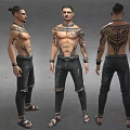 Tattooed Man With Intricate Body Art On Chest And Arms Wearing Ripped Jeans And Sandals