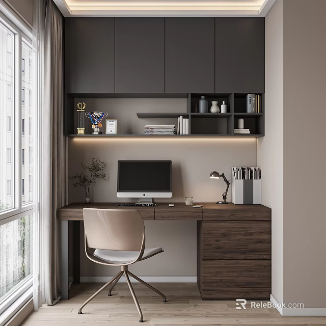 Modern Study Room Interior With Dark Cabinets Wooden Desk Computer Table Lamp Chair And Window 3d model 