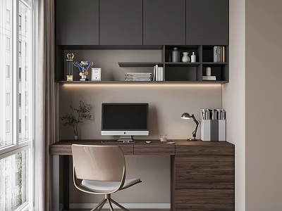 Modern Study Room Interior With Dark Cabinets Wooden Desk Computer Table Lamp Chair And Window 3d model