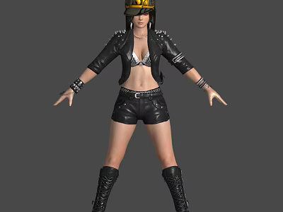 Woman in Black Leather Jacket White Bikini Top Studded Details Yellow Helmet and Black Boots 3d model
