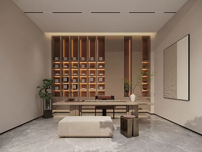 Serene Modern Tea Room Interior With Wooden Bookshelves And Long Table 3d model