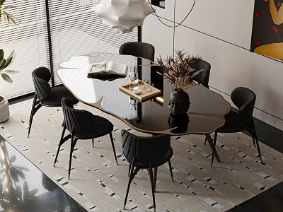 Modern Dining Table Set with Black Chairs Glass Top Vase and Pendant Light on Carpet 3d model