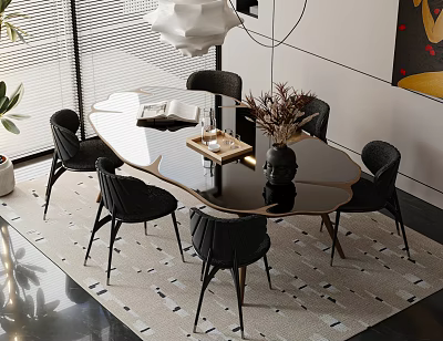 Modern Dining Table Set with Black Chairs Glass Top Vase and Pendant Light on Carpet 3d model