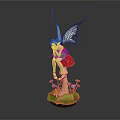 Pink Haired Fairy Sitting On Red Strawberry With Green Grass Blue Flowers And Tree Stump