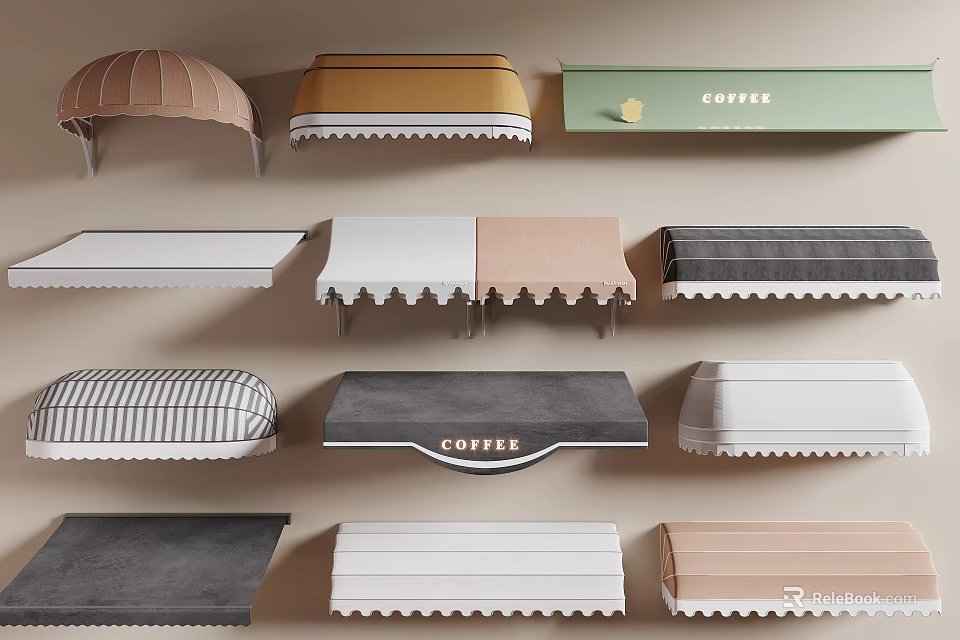 Various Colored Awnings With Different Styles Including Dome Flat And Striped Designs 3d model 