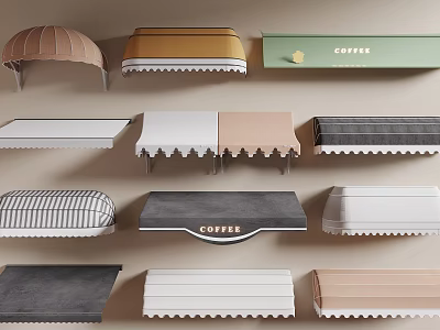 Various Colored Awnings With Different Styles Including Dome Flat And Striped Designs 3d model