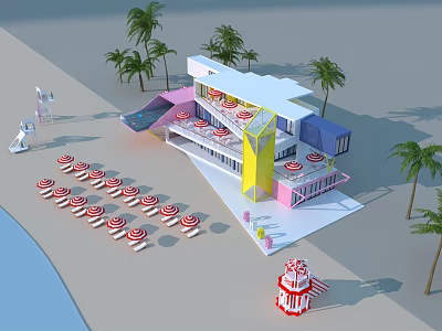 Colorful Beachfront Building With Red White Striped Umbrellas And Palm Trees 3d model