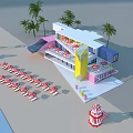 Colorful Beachfront Building With Red White Striped Umbrellas And Palm Trees