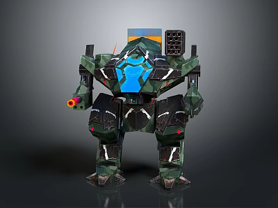 3D Mechanical Robot Character With Green Armor Blue Core And Red Weapon Components 3d model