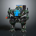 3D Mechanical Robot Character With Green Armor Blue Core And Red Weapon Components 3d model