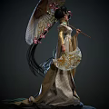 Oriental Female Figures in Traditional Costume with Decorative Umbrellas and Elaborate Hair Details