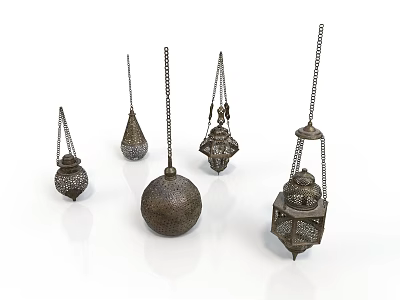 Vintage Metal Hanging Lantern Light Fixture Set With Various Intricate Designs 3d model