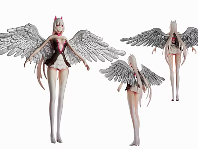 Anime Game Movie Character With Cat Ears Large Wings Short Dress And White Stockings 3d model