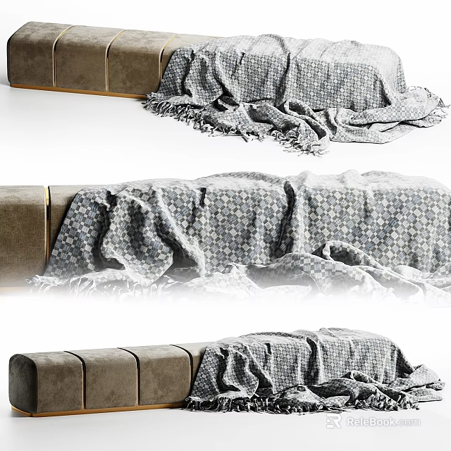 Simple Modern Gray Fabric Sofa Stool With Patterned Fringed Blanket Decoration 3d model 