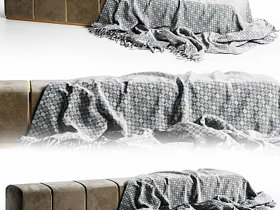 Simple Modern Gray Fabric Sofa Stool With Patterned Fringed Blanket Decoration 3d model