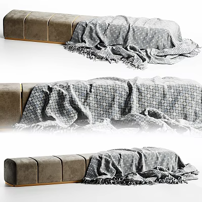 Simple Modern Gray Fabric Sofa Stool With Patterned Fringed Blanket Decoration 3d model