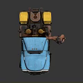 Man in Yellow Hat and Suspenders Waving Hand by Blue Truck
