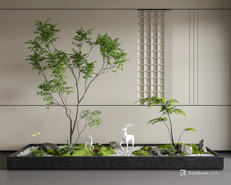 Modern Plant Combination With Green Trees Small Plants White Deer Rocks In Black Rectangular Planter 3d model