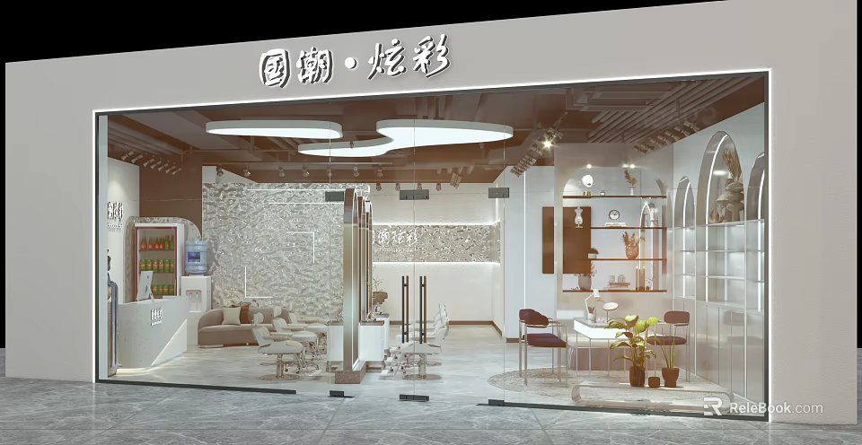 Vibrant Chinese Style Mall Store With Glass Facade Sofa Plants And Display Shelves 3d model 