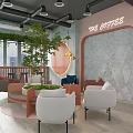 Modern Café Interior With Pink Gray Walls Green Plants Comfortable Sofas And Large Windows