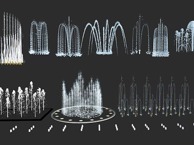 Various Water Fountain Designs With Illuminated Circular Base And Arch Shapes 3d model