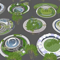 Modern Park Landscape With Multiple Circular Design Areas Lush Greenery And Trees 3d model