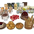 Assorted Homemade Food Display With Cakes Bread Fresh Strawberries Cookies Nuts And Snacks