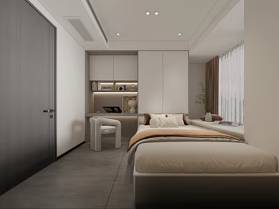 Modern Tatami Bedroom Interior With Minimalist Design Storage Cabinets And Curtain Window Lighting 3d model