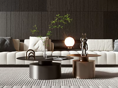 Modern Living Room Coffee Table With Black Copper Green Plant Rabbit Figurine White Sofa 3d model