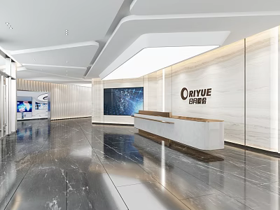 Elegant Modern Corporate Reception Lobby With Polished Marble Brand Wall And Large Digital Display Screen 3d model