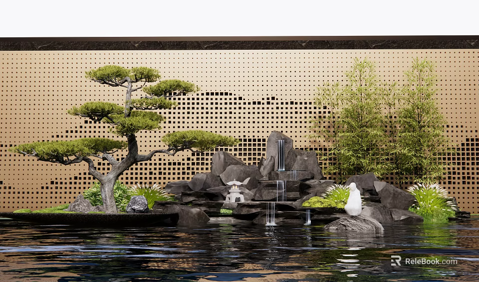 Garden Ornamental Setup With Shaped Pine Tree Rockery Small Waterfall Pond And White Bird Sculpture 3d model 