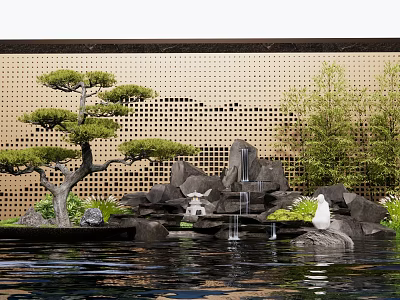 Garden Ornamental Setup With Shaped Pine Tree Rockery Small Waterfall Pond And White Bird Sculpture 3d model