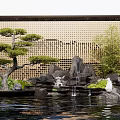 Garden Ornamental Setup With Shaped Pine Tree Rockery Small Waterfall Pond And White Bird Sculpture