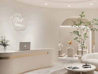 Modern Luxury Beauty Hair Salon Reception Area With White Gold Decor Green Plants Comfy Sofa 3d model