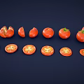 Fresh Tomatoes Whole With Green Stems And Sliced Arranged In A Row On Dark Background