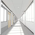 Modern School Corridor With Wooden Doors Windows White Walls Natural Lighting And Tile Flooring
