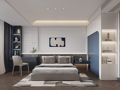 Modern Kids Room Interior Design With Bed Study Desk Bookshelf And Decorative Painting 3d model