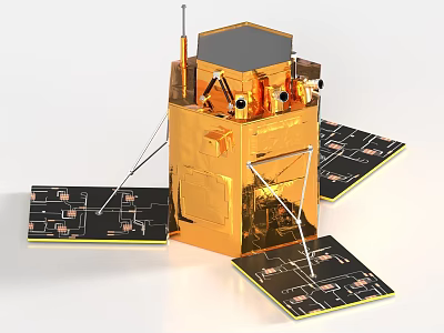Golden Satellite Model With Solar Panels Antenna And Metallic Structure 3d model