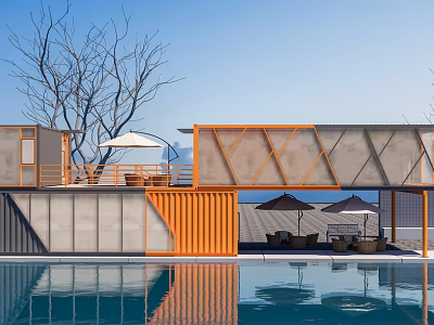 Container Style Outdoor Cafe With Poolside Terrace Umbrella Seating and Water Reflection 3d model