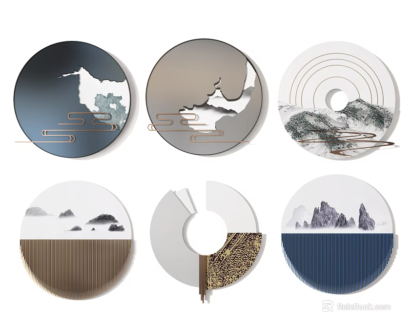 Chinese Style Circular Wall Decor Featuring Mountain Landscape Cloud Patterns and Wood Grain 3d model