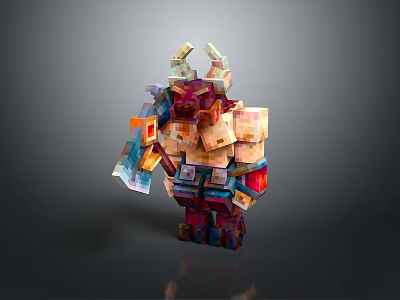 Colorful Block Formed 3D Monster Figure With Vibrant Hues And Geometric Structure Design 3d model