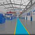 Industrial Factory Interior With Red Overhead Cranes Blue Floor Markings Equipment And Signage