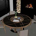 Round Marble Dining Table Set with Four Chairs and Fireplace in Modern Interior