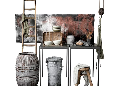 Rustic Vintage Interior Decor With Wooden Ladder Barrel Bucket Bowls And Stool 3d model
